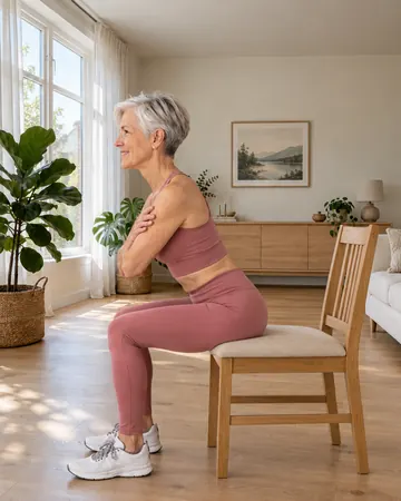 Rose sits on the front edge of a chair, feet flat, arms crossed over her chest, leaning forward from the hips.