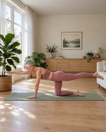 Rose reaches one arm forward and the opposite leg back, level with her body.