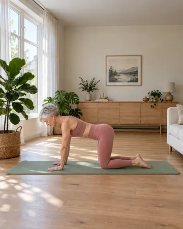 Rose kneels on all fours on a mat, hands under her shoulders and knees under her hips.