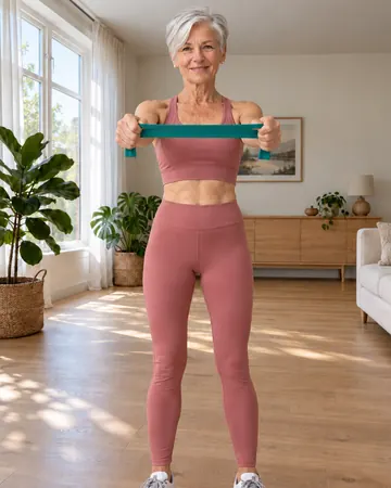 Rose stands tall holding a long band in both hands, arms in front of her at chest height.