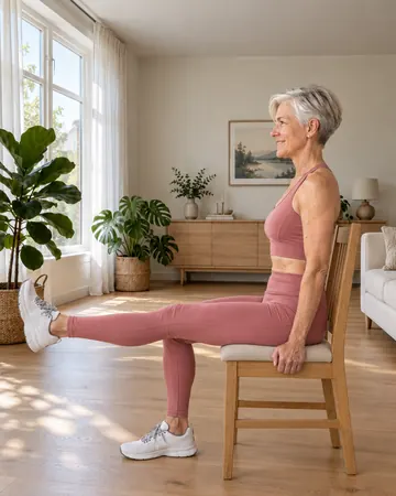 Rose straightens one knee so her leg is level with the floor, hands holding the sides of the seat.