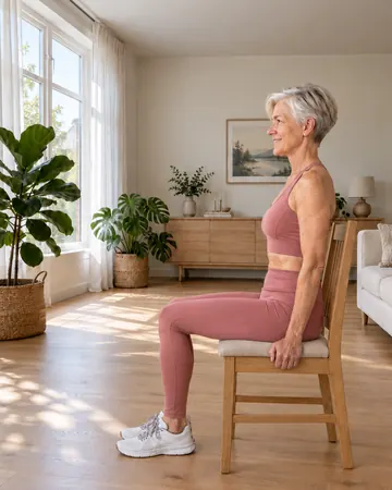 Rose sits tall on a chair, side view, both feet flat on the floor.