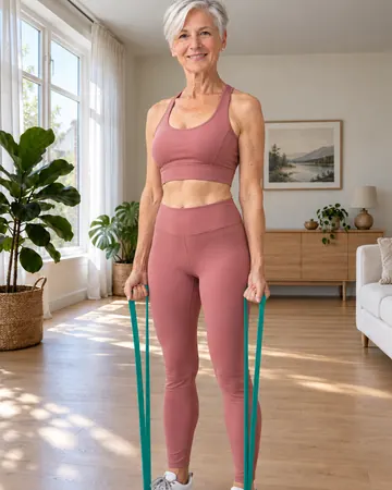 Rose stands on the middle of a long band, feet hip-width apart, arms down holding the band ends.