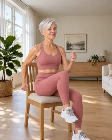 Rose, the AI-generated host, sits tall on a wooden chair and lifts one knee, arms bent as if walking.