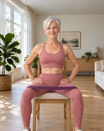 Rose pushes her knees apart against the loop band, feet still on the floor.