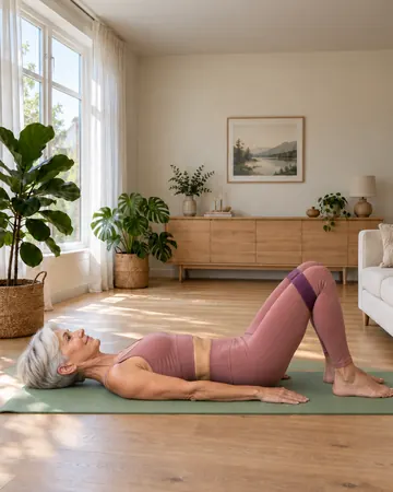 Rose lies on her back on a mat, knees bent, feet flat, a loop band just above her knees.