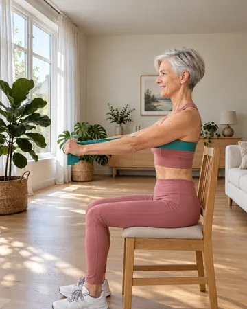 Rose pushes both hands forward at chest height, stretching the band.