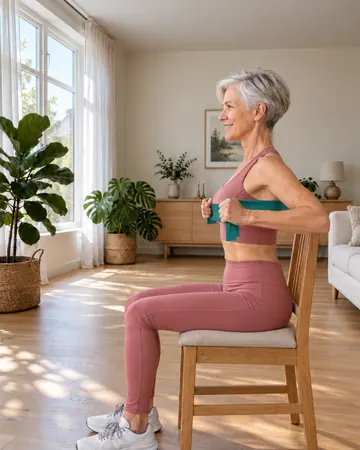 Rose sits tall on a chair with a long band behind her upper back, hands at her chest.