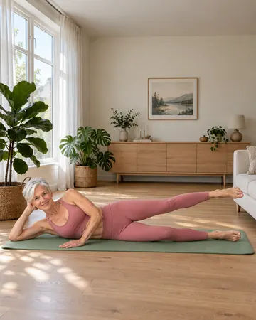 Rose lifts her top leg while lying on her side on the mat.