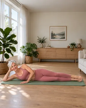Rose lies on her side on a mat, head resting on her hand, legs straight and stacked.