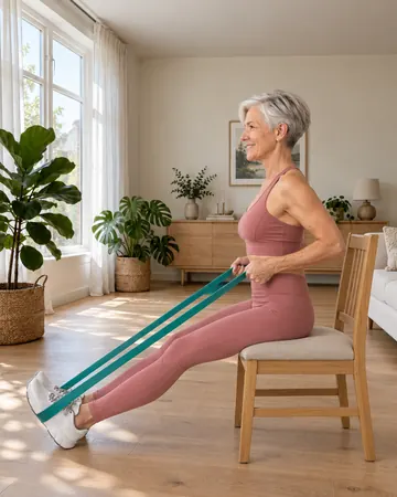 Rose pulls the band, elbows bent and drawn back, chest lifted.