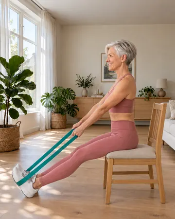 Rose sits tall on a chair with her legs straight out, a long band around her feet, arms reaching forward holding the band.