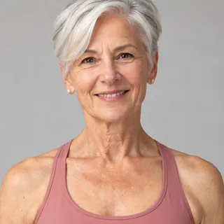 Portrait of Rose, an AI-generated character with short silver hair, smiling, in a pink sports top.